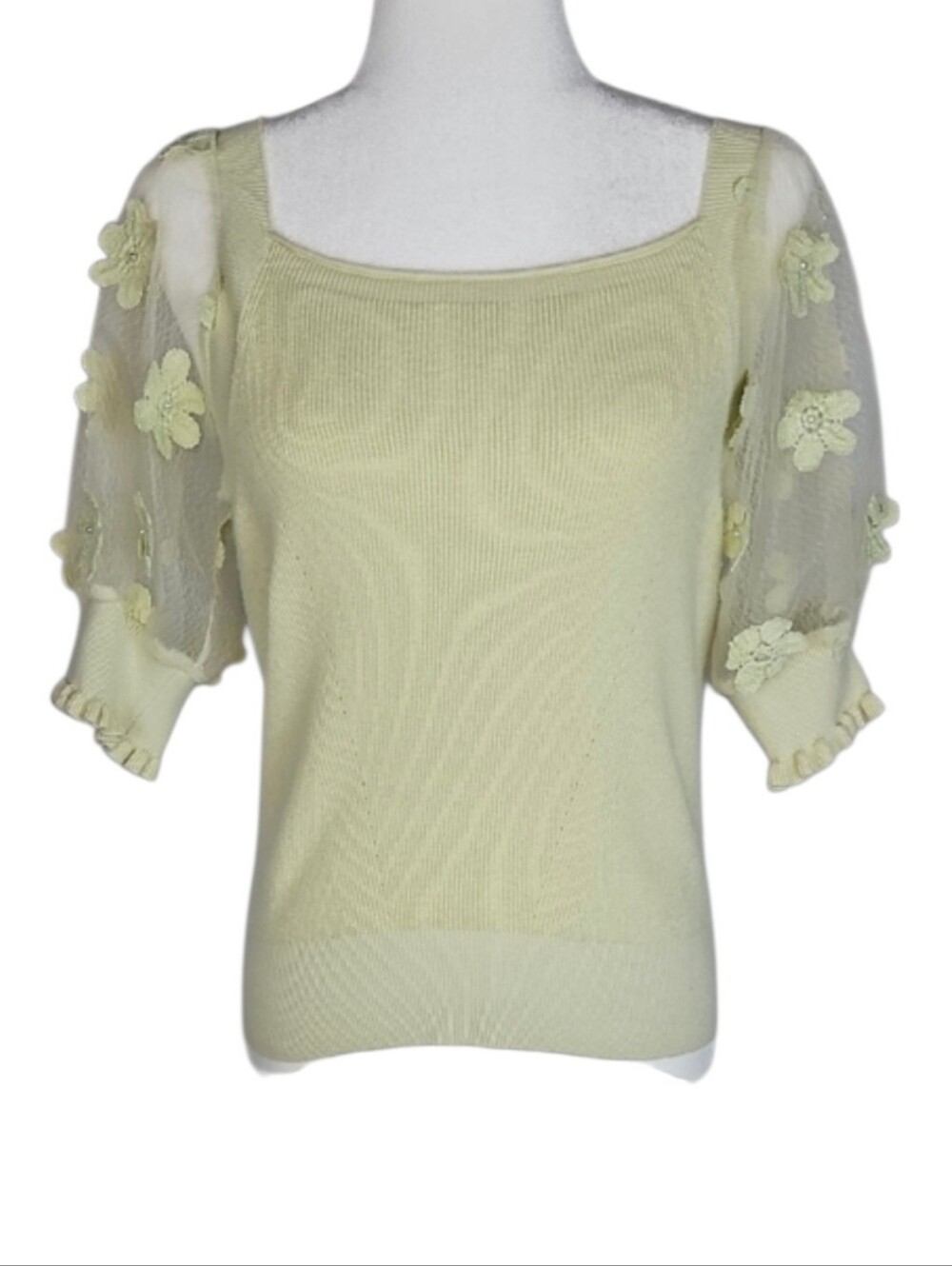 Lime Ribbed Blouse Sheer Tuille Mesh Floral Applique Top Romantic Maximalist, S